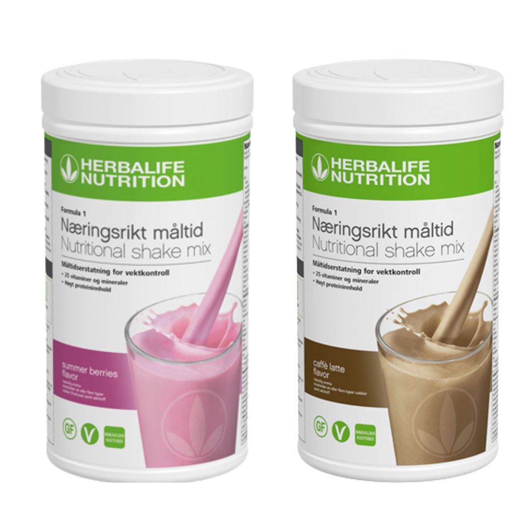 En boks Herbalife Formula 1 shakemix med summer berries-smak og en med caffe latte-smak.