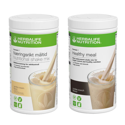 En boks Herbalife Formula 1 shakemix med vaniljesmak og en med cookie crunch-smak.